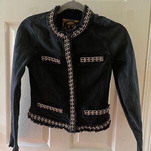 Michael Kors Black Denim Jacket Gold tone Chain fringe ,SZ0